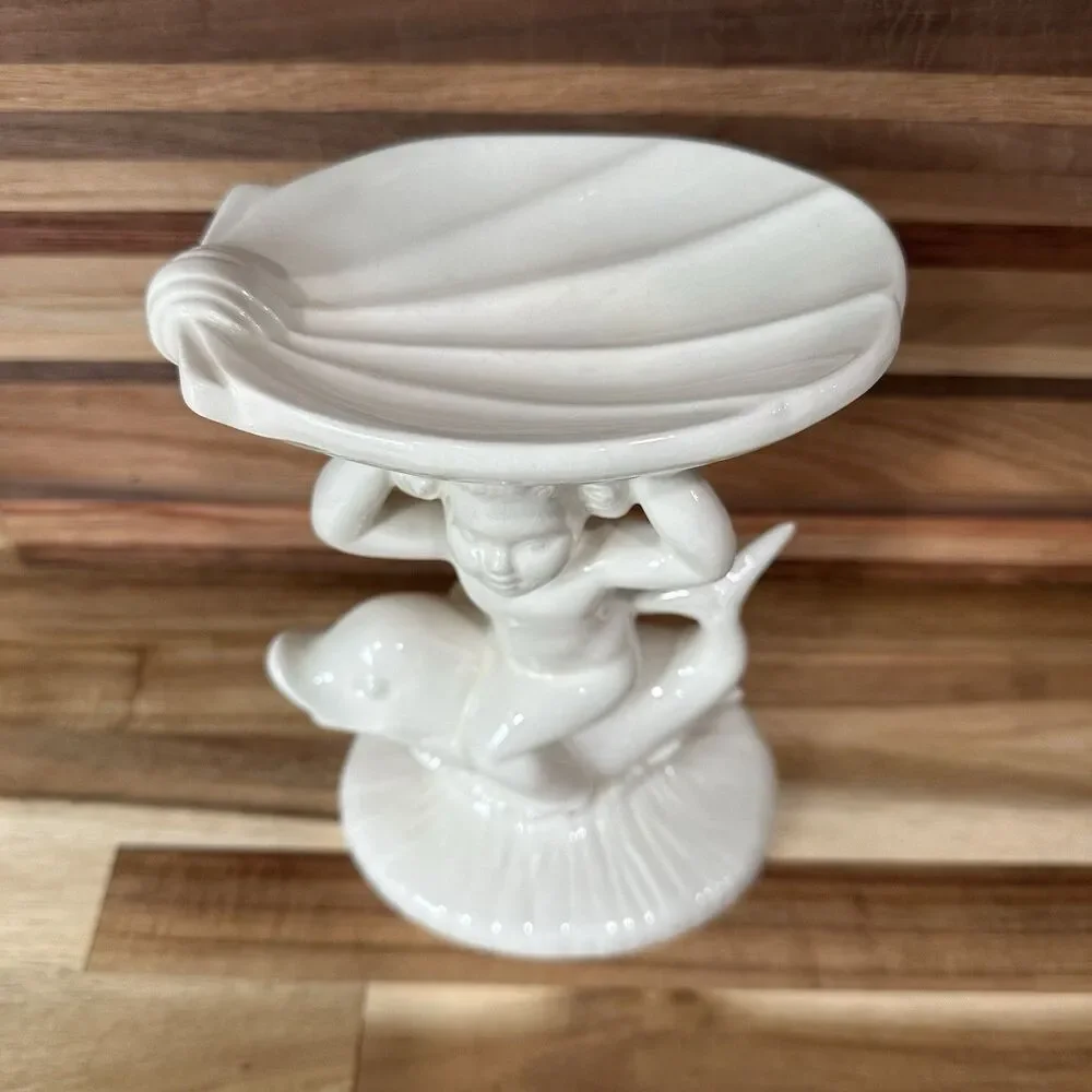 Vtg ‘60 Cherub Riding Dolphin Holding Shell Soap Dish - Holland Mold White Glaze